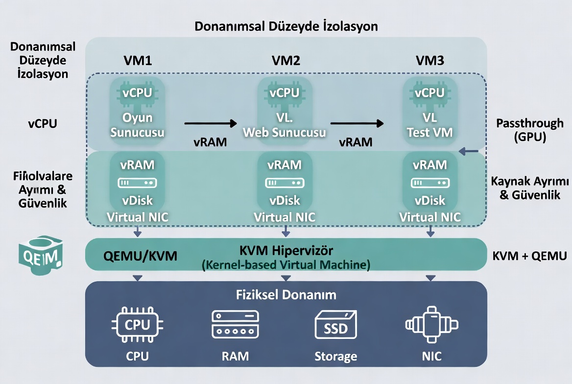 KVM hipervizörünün fiziksel donanım kaynaklarını sanal makinelere donanımsal düzeyde izole etme mimarisi